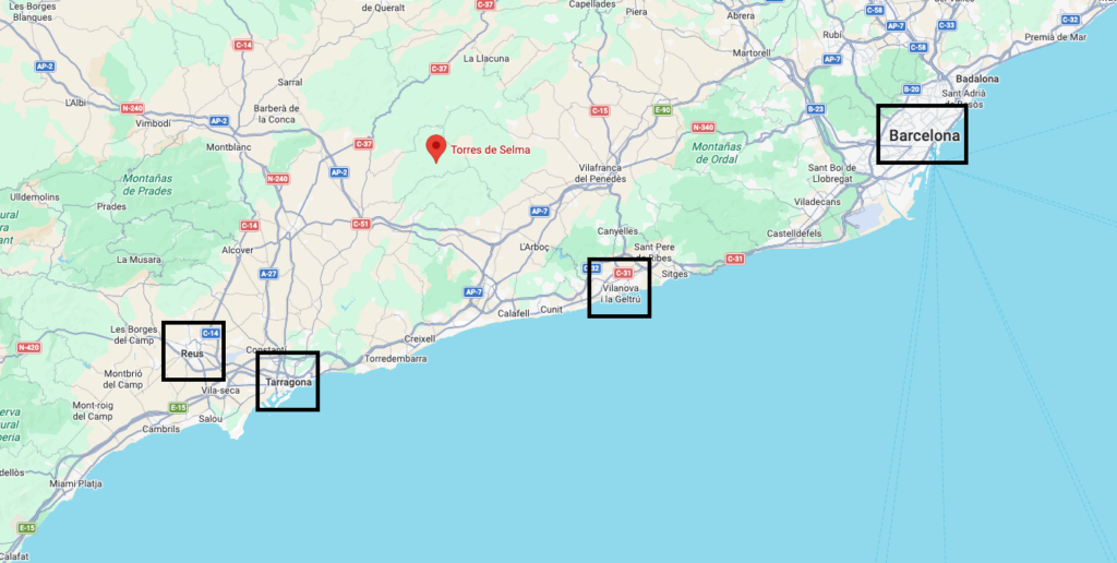 Map showing the location of Torres de Selma near El Pla de Manlleu, Tarragona