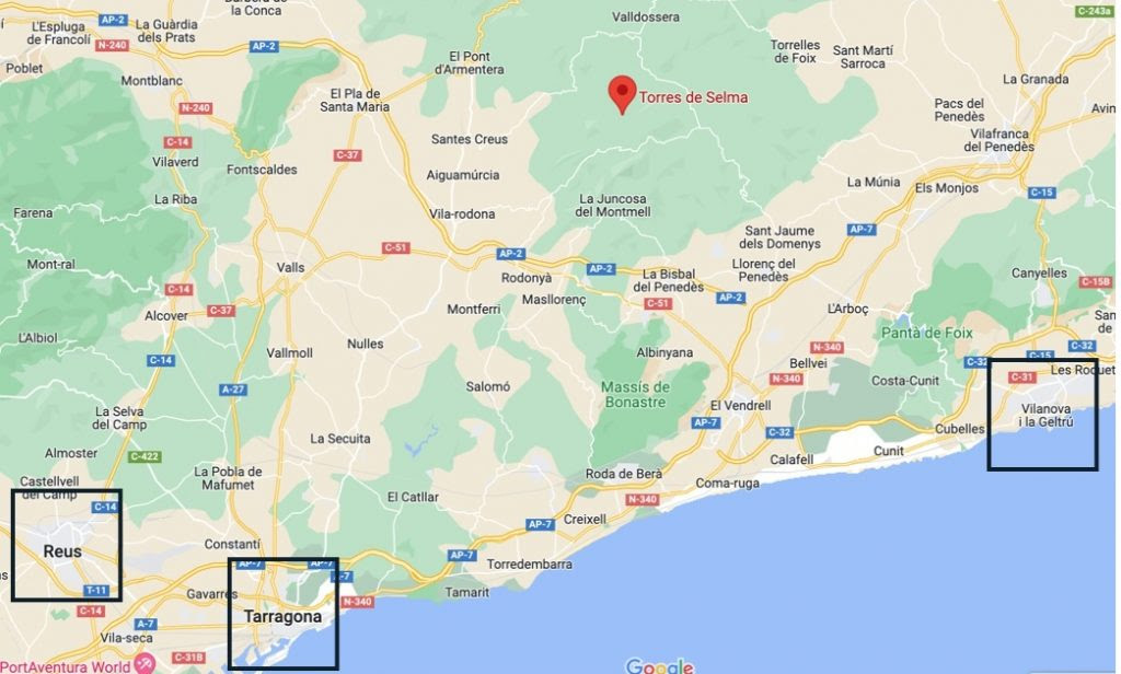Map showing the location of Torres de Selma near El Pla de Manlleu, Tarragona